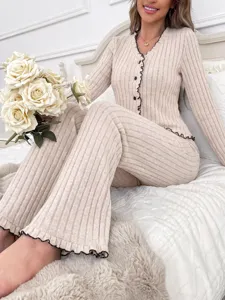 Women ribbed long sleeve button up pajama set lounge wear set detail view beige color soft fabric