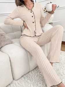 Women casual ribbed long sleeve button up pajama set cozy home loungewear sleepwear beige