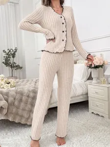Women's long sleeve knit cardigan loungewear set with ruffle trim for cozy autumn winter nights