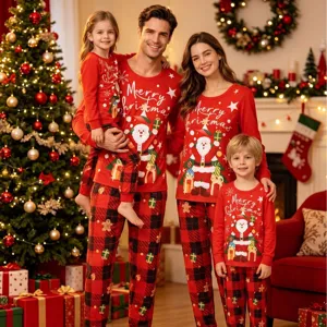 Family matching Christmas pajamas set long sleeve red top plaid pants holiday sleepwear