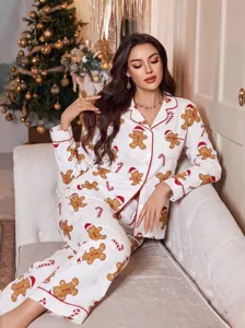 Set pigiama natalizio manica lunga con stampa pan di zenzero per donna, comodo.