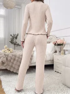 Women ribbed loungewear set long sleeve top pants autumn winter warm sleepwear apparel