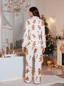 Pigiama da donna natalizio a maniche lunghe con stampa di pan di zenzero, comodo abbigliamento.