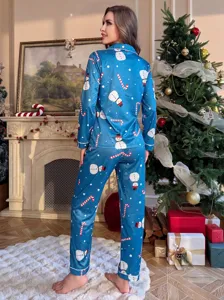 Pyjama femme de Noël ensemble manches longues pantalon vetement de nuit imprimé bonhomme