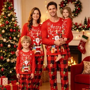 Christmas family matching pajamas set long sleeve red plaid sleepwear for holiday home wear
