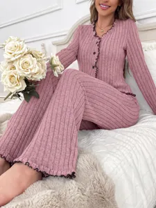 Women cozy ribbed knit pajama set long sleeve button up sleepwear with lettuce trim loungewear
