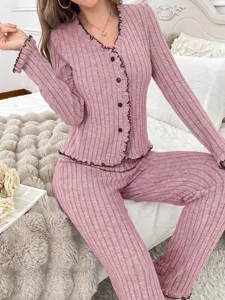 Women pink ribbed button long sleeve pajama set lounge wear comfy sleepwear outfit