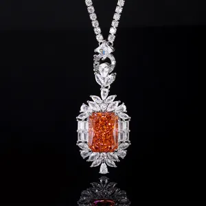 Luxus rechteckiger orangefarbener Anhänger Halskette mit Zirkonia Halo und feiner Silberkette