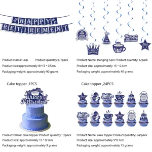 Blue retirement party decoration set details, banner, hanging swirls, and cake toppers.