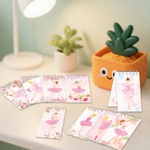 Pink ballerina girl spiral notebook set, cute memo pad with floral design for stationery.