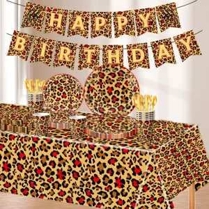 Rotes Leopardenmuster Geburtstag Partygeschirr Set Tischdecke Pappteller Becher Banner