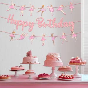 Rosa Ballerina Geburtstag Party Banner Dekoration mit süssen Tänzern und Glitzerbuchstaben.