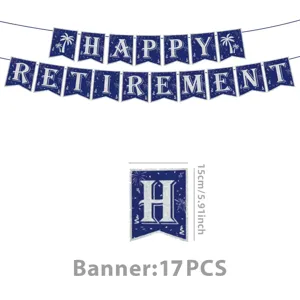Blue retirement party banner decoration with glitter letters, 17 pieces set, 15cm size.