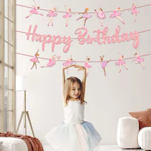 Rosa Ballerina Geburtstag Banner mit Glitzer Buchstaben und Tänzer Ausschnitten für Party Dekor.