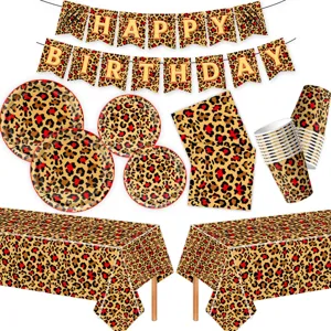Rotes Leopardenmuster Thema Geburtstag Party Zubehör Set Pappteller Servietten Becher Tischdecke Banner Kuchen Deko Goldene Strohhalme Besteck Dekoration Pack