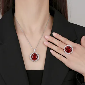 Conjunto de collar y anillo con rubí simulado chapado en oro de cobre de lujo elegante