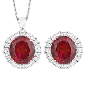 Conjunto de collar de halo de rubí simulado de lujo con gema roja 18x20mm y circonita cúbica.