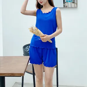 Ribbed camisole shorts set, blue summer sleepwear, cute lettuce edge design, casual lounge wear.