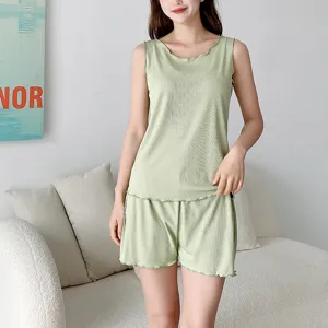 Lettuce edge tank top and shorts loungewear set, soft ribbed cotton summer sleepwear for women.
