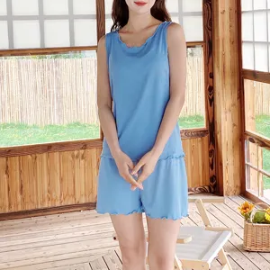 Blue lettuce edge tank top shorts loungewear set, lightweight ribbed cotton summer sleepwear.