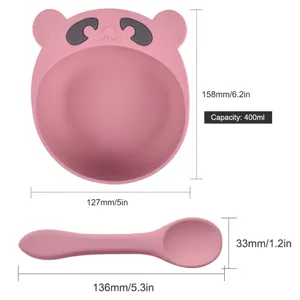 Ensemble bol et cuillère en silicone pour bébé avec dimensions, forme d'ours pour repas.