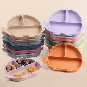 Plato dividido de silicona para bebé forma de dinosaurio lindo vajilla cuenco de alimentación