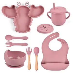 Kit de Repas Bébé en Silicone Assiette Divisée Homard Bol à Ventouse Tasse à Paille Bavoir Cuillère Fourchette Set de Vaisselle Enfant