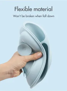 Flexible silicone baby suction plate detail showing bendable and unbreakable feeding bowl design.
