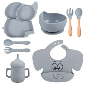 Kit de vaisselle bébé en silicone assiette éléphant bol bavoir cuillère fourchette tasse.
