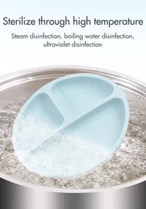 Silicone divided baby plate detail shot, high temperature boiling water sterilization resistant.
