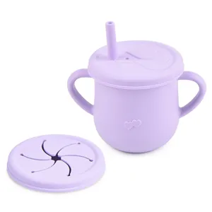 Baby Silicone Training Straw Cup Leakproof Toddler Water Cup With Dual Handles And Snack Lid Infant Feeding Tableware