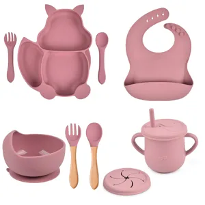 Set da Pappa in Silicone per Neonati Stoviglie Ciotola con Ventosa Cucchiaio Bavaglini Accessori per Svezzamento