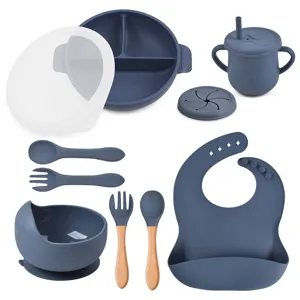 Round Silicone Divided Bowl Set With Lid Baby Suction Plate Kids Complementary Food Tableware Modern Minimalist