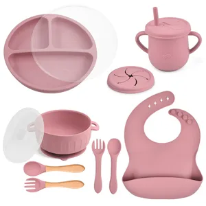 Baby Silicone Feeding Set Divided Suction Plate Bowl Straw Cup Bib Spoon Fork Tableware Gift Infant Weaning Supplies