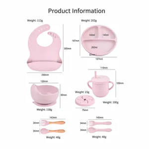 Maattabel voor babysiliconen voedingsset met slabbetje, verdeeld bord, kom, beker en lepel.
