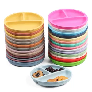 Silicone baby divided plate set, multi-color stackable toddler feeding tableware for kids.