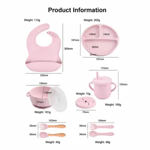 Silicone baby feeding set with divided plate bowl bib cup spoons, pink infant tableware.