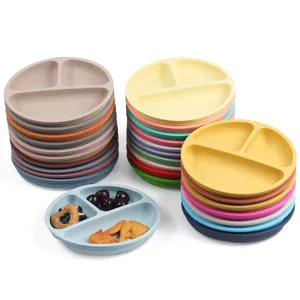 Silicone baby division feeding plate set, colorful toddler tableware for daily infant use.