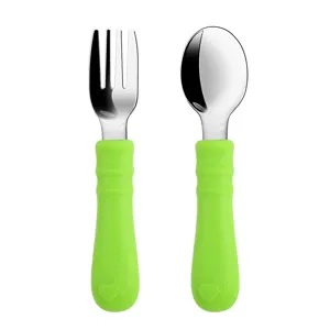 Stainless Steel Silicone Baby Spoon And Fork Training Tableware Set Infant Self Feeding Cutlery Kids Utensils