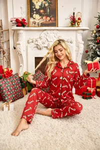 Christmas women red pajama set long sleeve button up top candy cane print nightwear