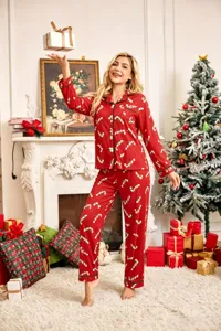 Christmas women's lapel pajama set long sleeve button down top pants sleepwear loungewear