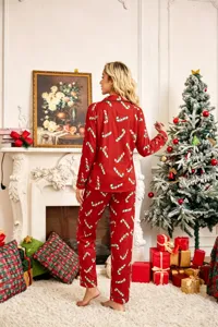 Women christmas candy cane print long sleeve pajama set lapel cardigan loungewear detail