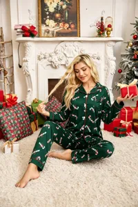 Detail view of Christmas women lapel pajamas set, green long sleeve cardigan and pants loungewear.