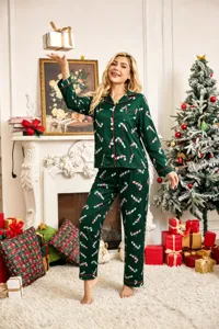 Christmas long sleeve pajama set for women, green button-up sleepwear with candy canes.