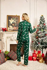 Women Christmas Pajama Set Long Sleeve Button Down Sleepwear Candy Cane Print Lounge Wear