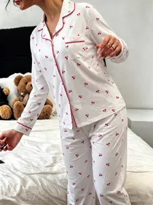 Comfortable Women Long Sleeve Pajama Set Cherry Print Sleepwear Notch Collar Loungewear