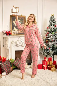 Christmas pink candy cane print long sleeve pajama set for women, cozy sleepwear two piece.