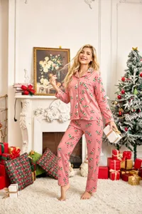 Women pink christmas candy cane print pajama set long sleeve button down sleepwear 2pcs