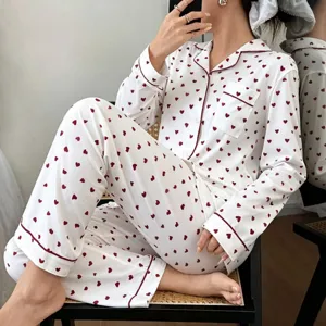 Women's Casual 100% Cotton Long Sleeve Top And Pants Pajama Set Turn-down Collar Heart Print Sleepwear
