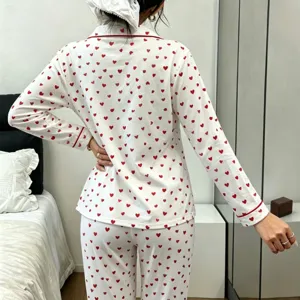 Women cotton long sleeve pajama set with red heart print casual loungewear sleepwear.
